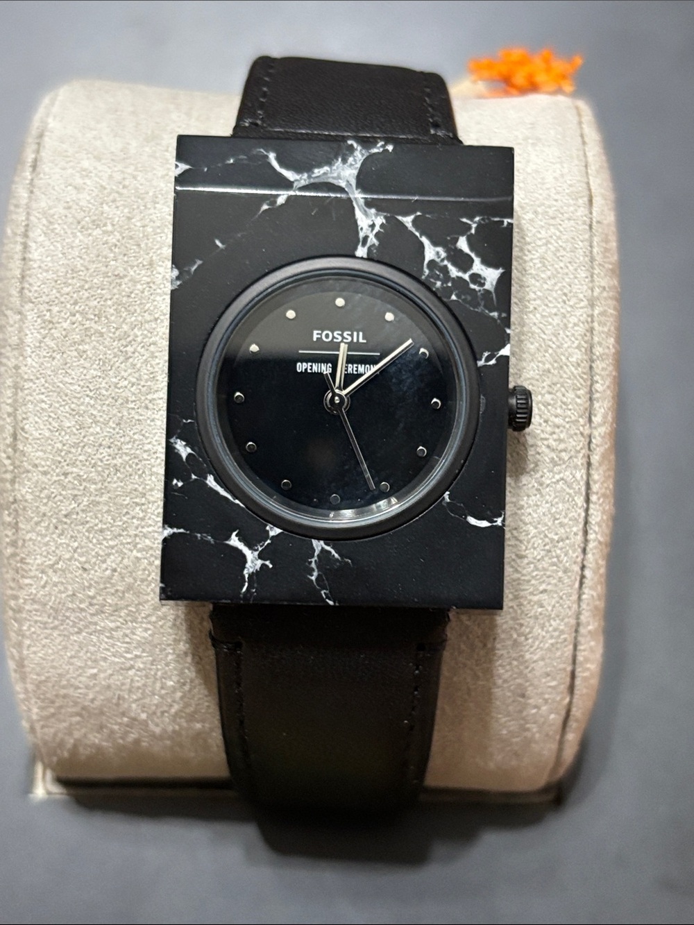Fossil Black Marble-Pattern Rectangle Watch with Black Strap